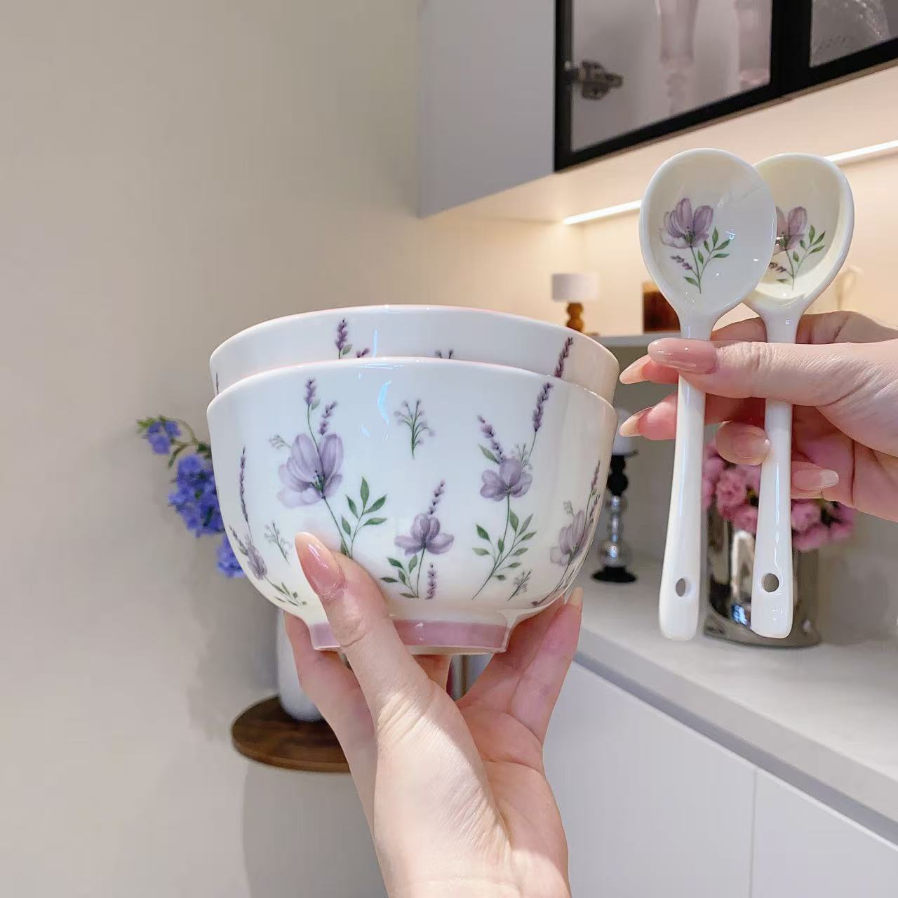 薰衣草6英寸面碗2碗2勺家用碗餐具专用高颜值陶瓷碗