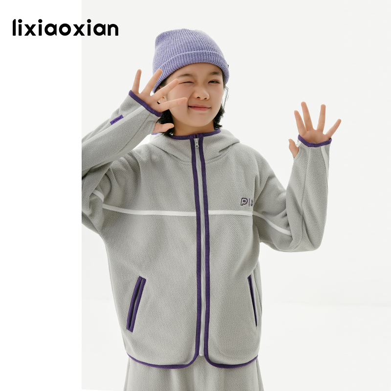 梨小闲原创女童秋冬款颗粒摇粒绒运动外套儿童中大童保暖连帽上衣