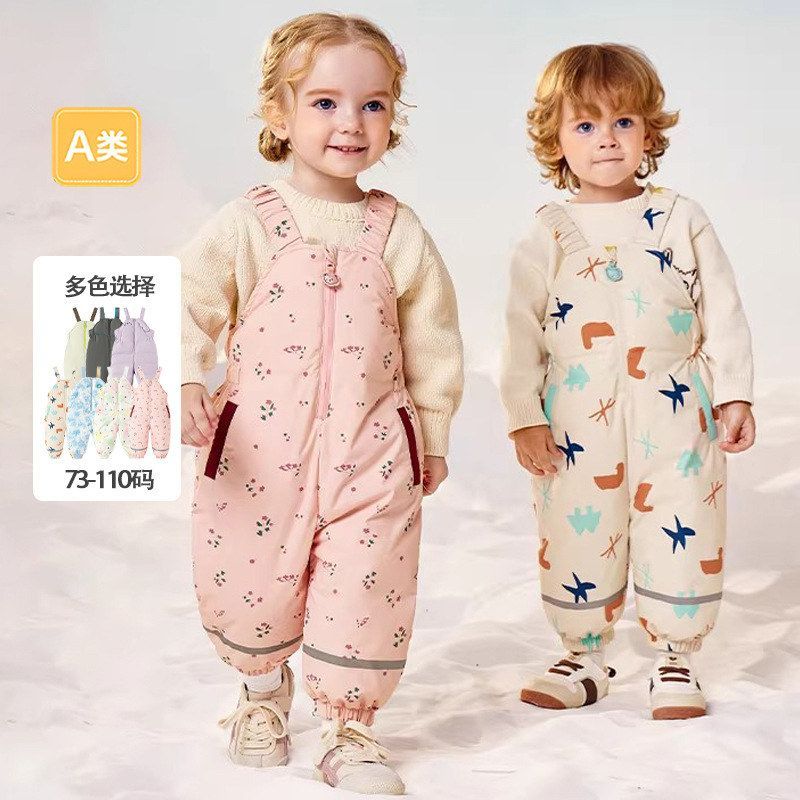 折扣儿童羽绒背带裤加厚保暖护肚宝宝加绒厚男女童新款婴儿羽绒裤