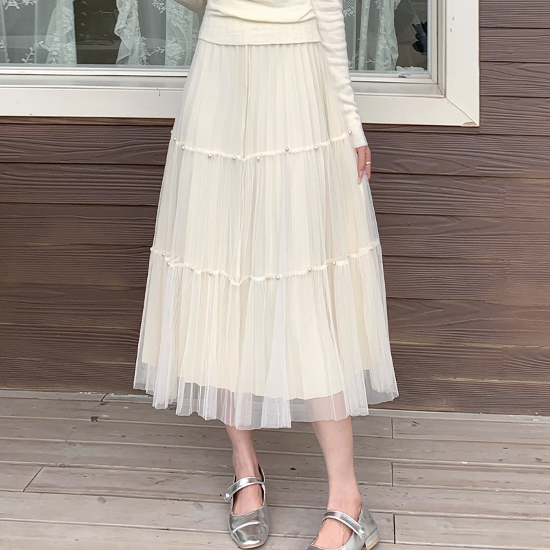 【小铃铛】TU20383时尚网纱百褶半身裙百搭高腰中长款A字大摆裙
