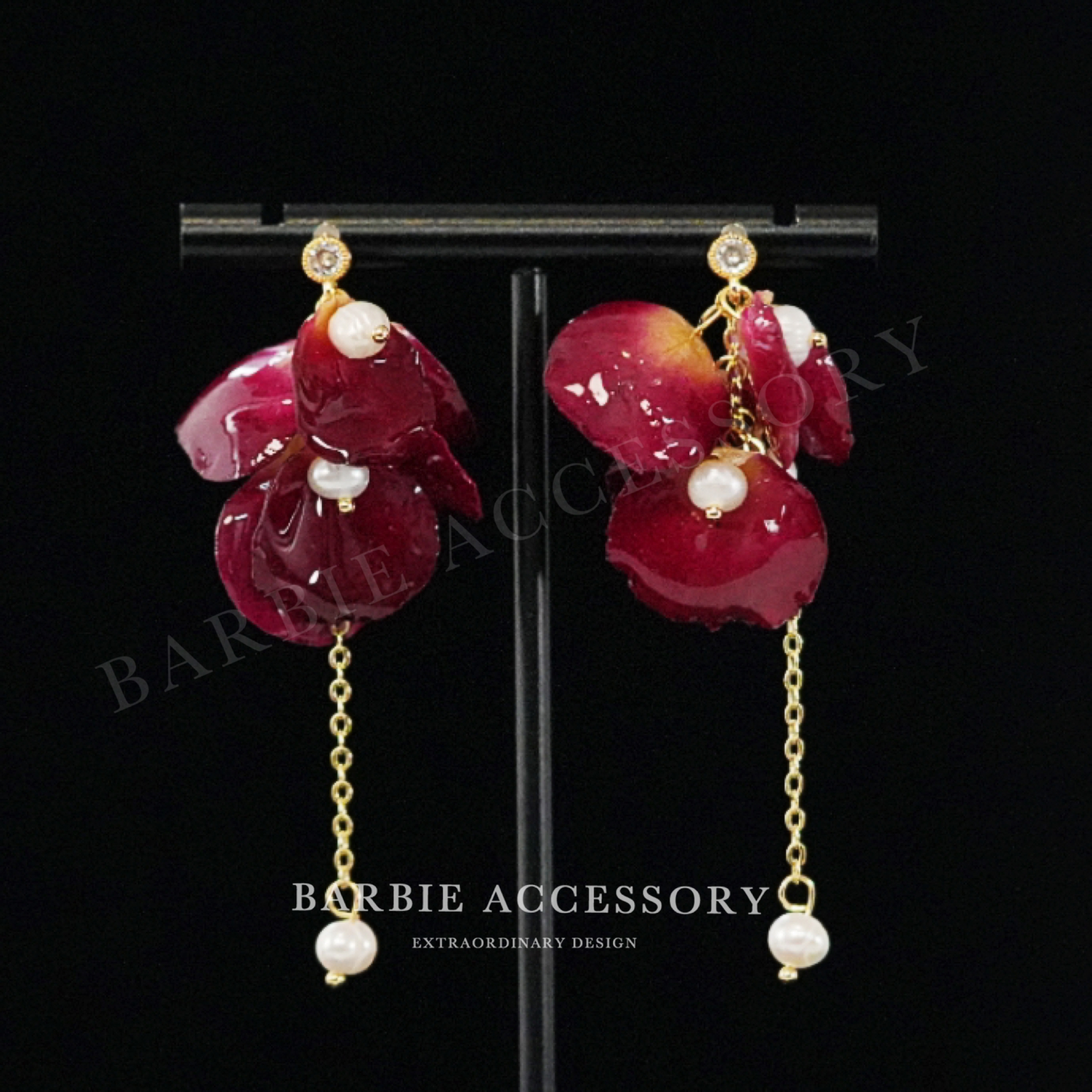 铜合金合成锆石耳饰 【红玫花瓣】法式既视设计款高级感绝美耳环