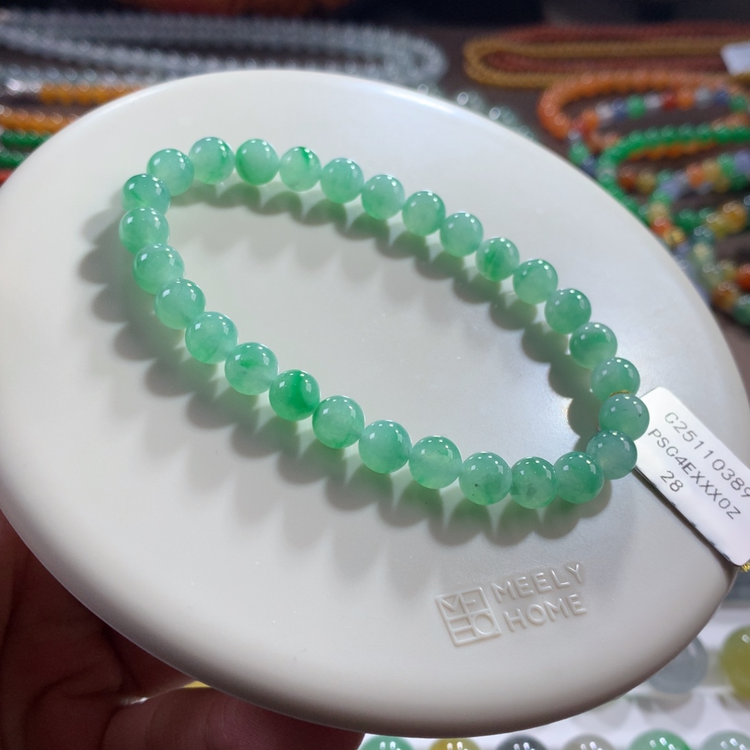 翡翠未镶嵌手链性价比冰润甜绿飘金丝绿手串 卡