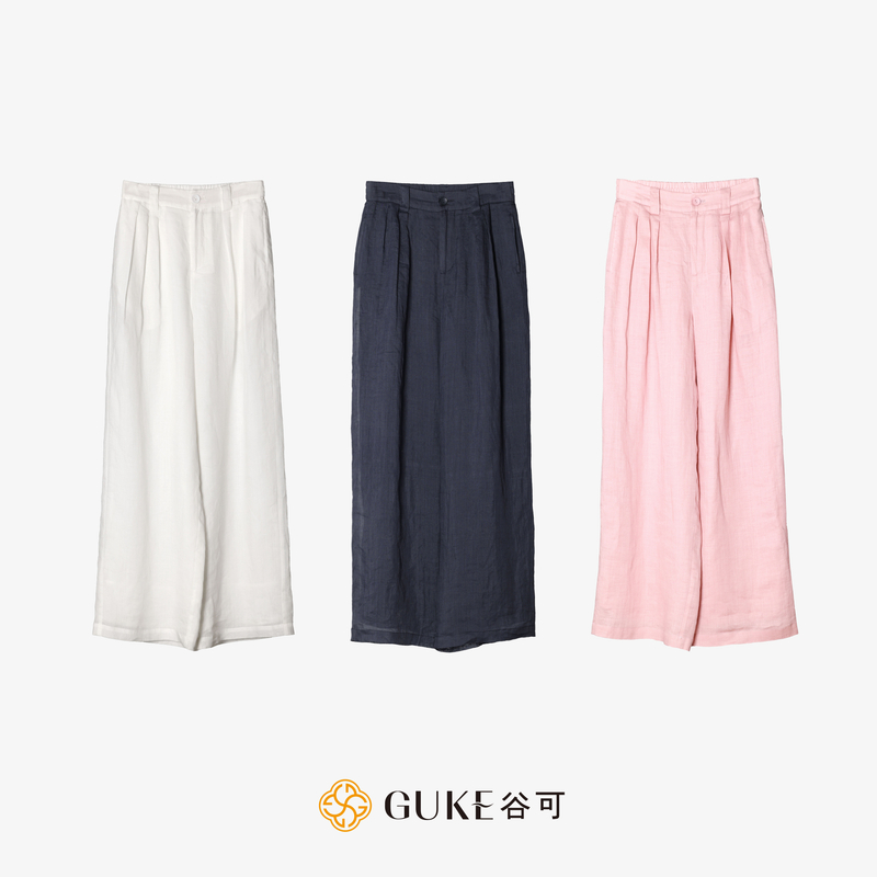 GKE/谷可K5239斜纹夏季苎麻阔腿裤女透气休闲宽松高腰长裤