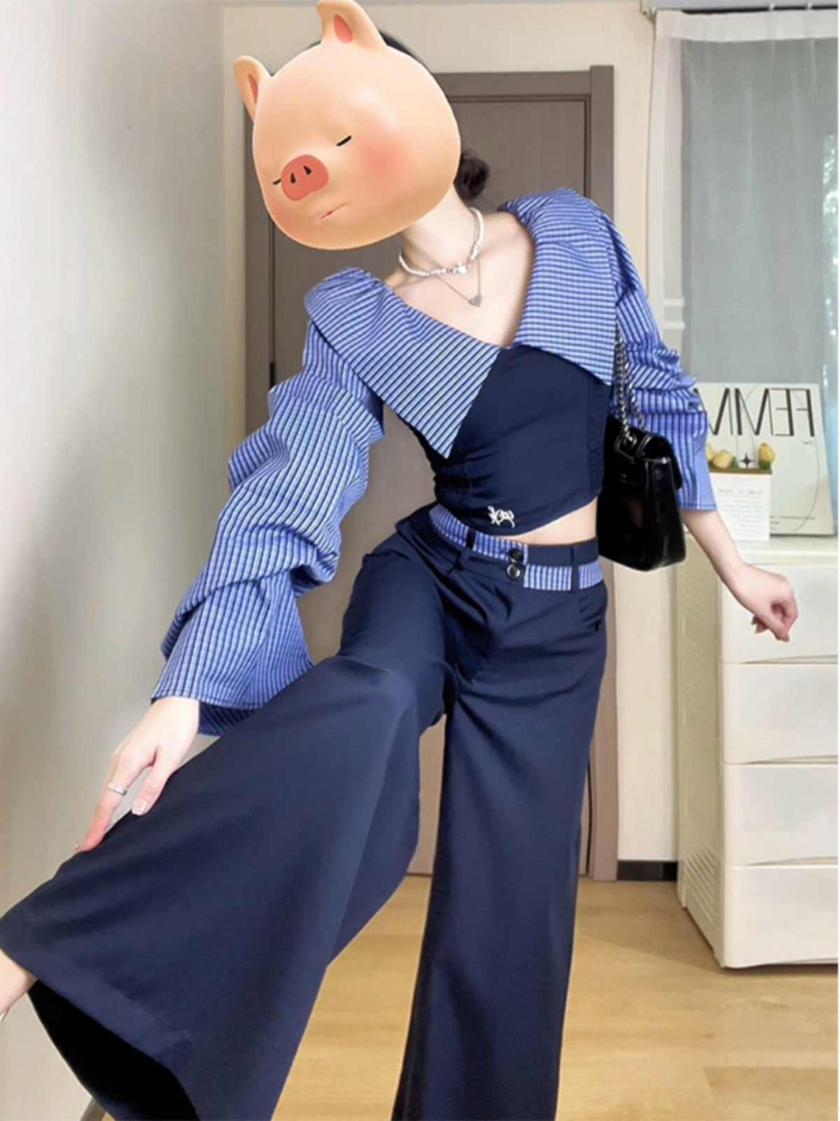 高个子女装法式气质一字肩条纹长袖衬衫阔腿裤洋气衣服女时尚套装
