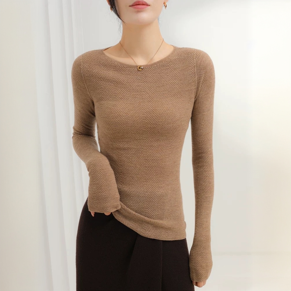 【精纺羊毛】XZ256秋冬爆款肌理纹一字领修身针织衫气质显瘦女上衣