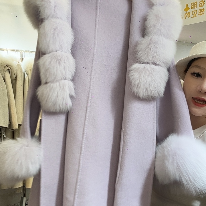 紫色s m狐狸毛大衣