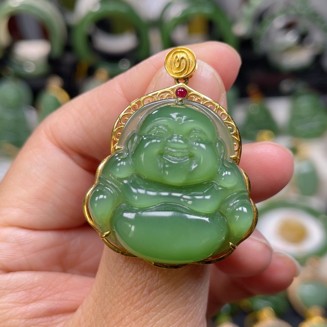 和田玉（碧玉）18K金镶嵌吊坠(不含链)