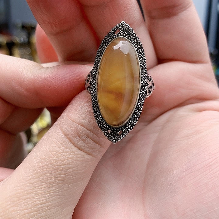琥珀裸石银S925镶嵌戒指