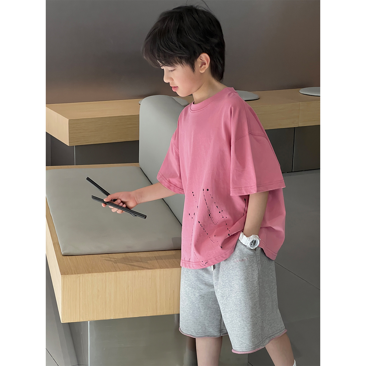 Q【派町现货】夏装儿童韩版时尚简约设计休闲宽松圆领短袖T恤CC1073