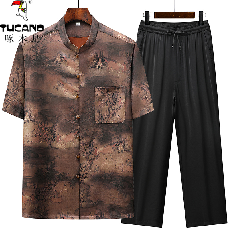 TUCANO/啄木鳥爸爸夏季套装中老年人夏装男唐装国风爷爷短袖冰丝