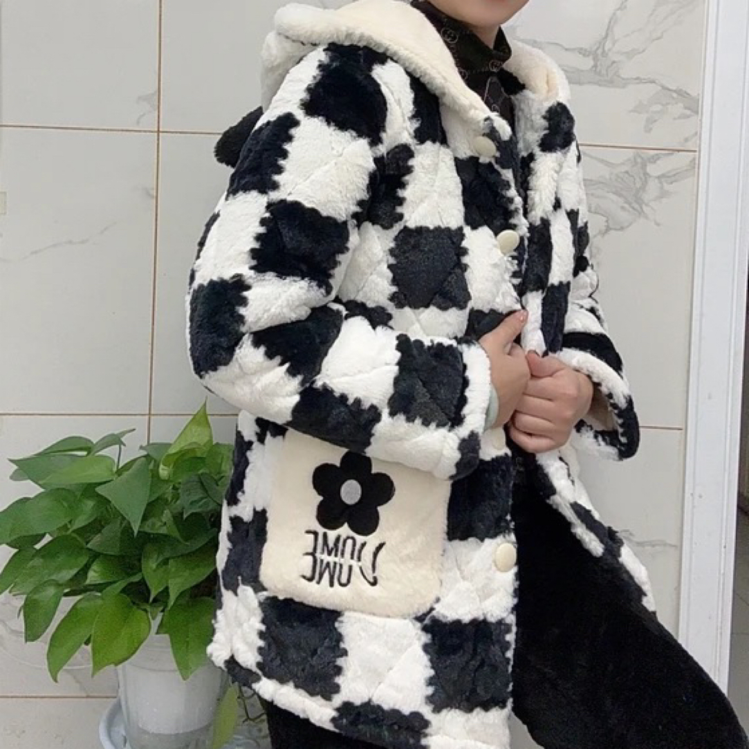 新款三层夹棉加厚连帽保暖可外穿冬季棋盘格女士家居服套装1117