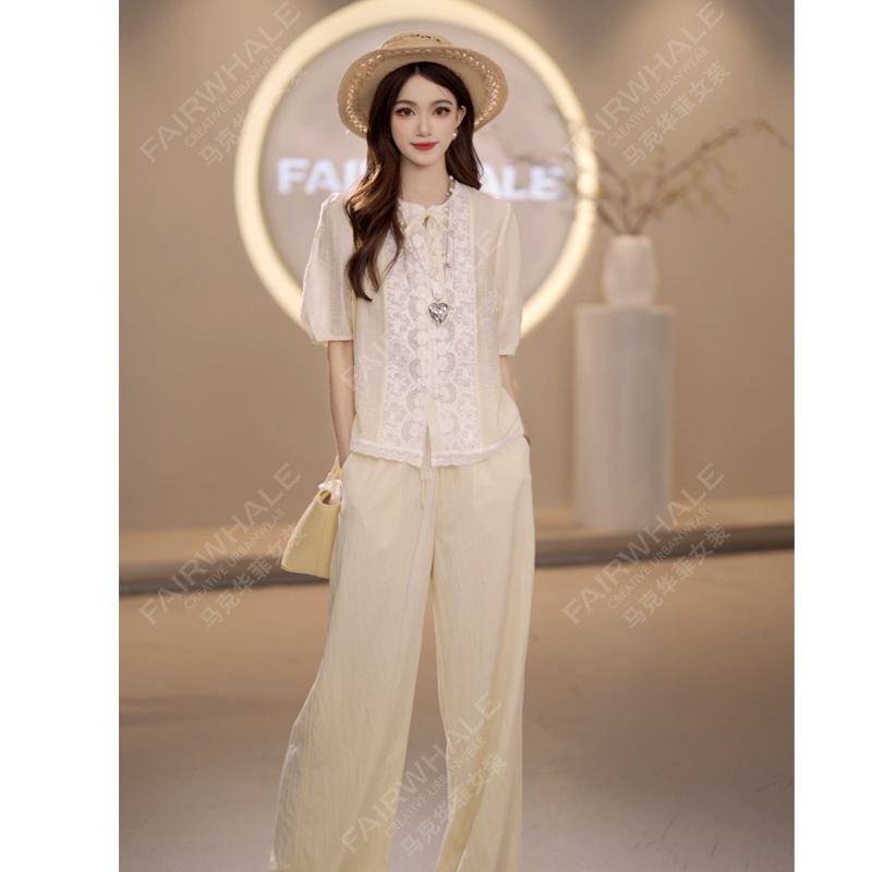 马克华菲女装夏季2025法式蕾丝拼接短袖气质衬衫时尚休闲上衣舒适