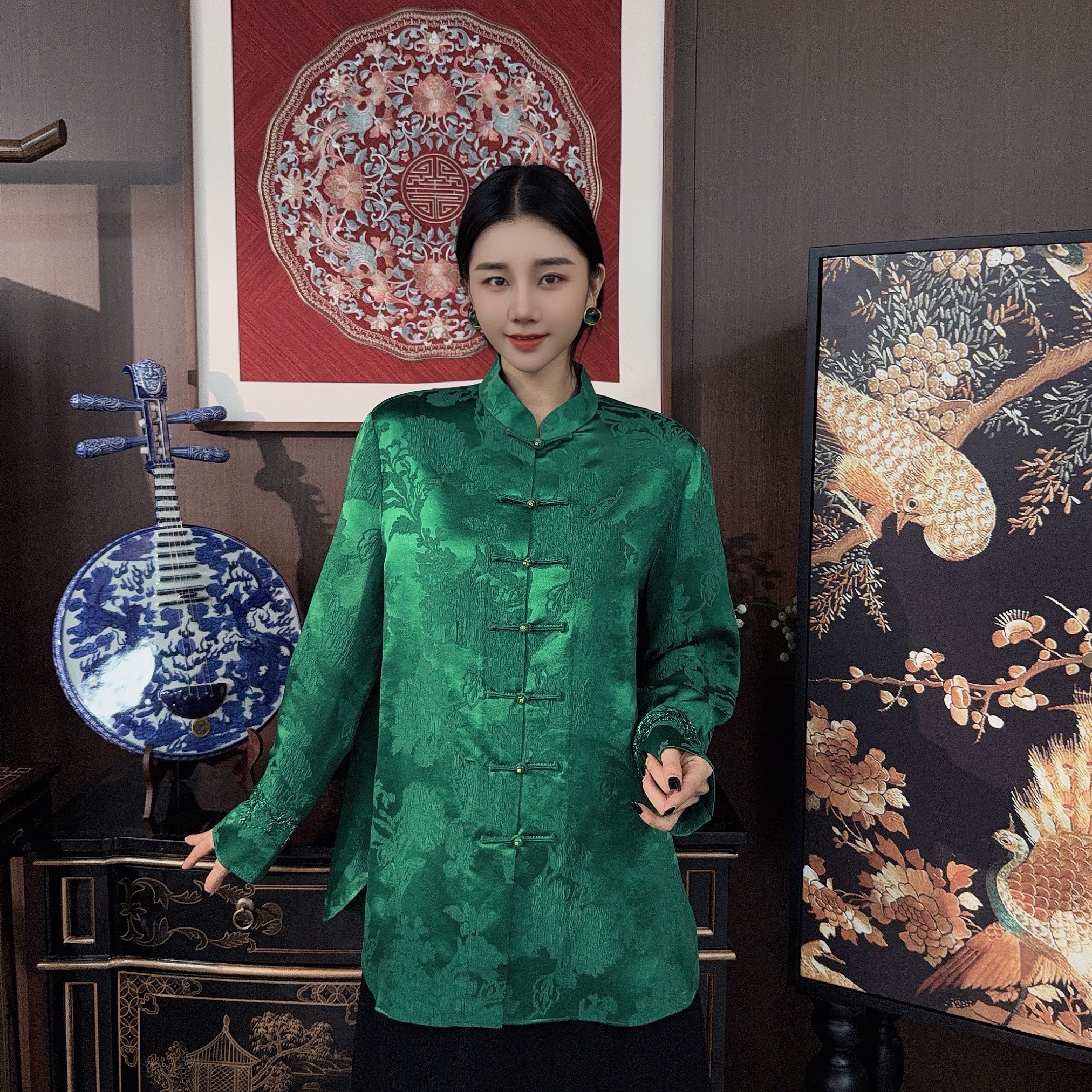 Betty Bairn【竹影清风】新中式气质桑蚕苏冠乐皱盘扣上衣Q7299
