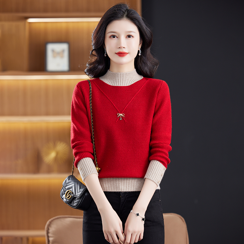 2025冬季加厚款半高领针织打底套头衫宽松时尚洋气百搭