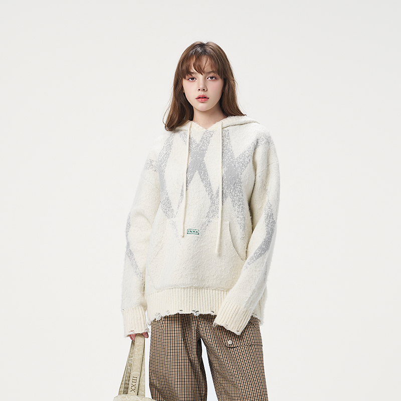 【INXX】仿马海毛针织衫撞色“X”芝麻底提花毛衣情侣XRF3061309