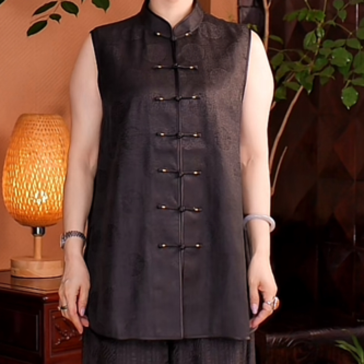 【惠妃】2008黑檀金扣香云纱中长款气质国风中国风马甲（100%桑蚕丝）