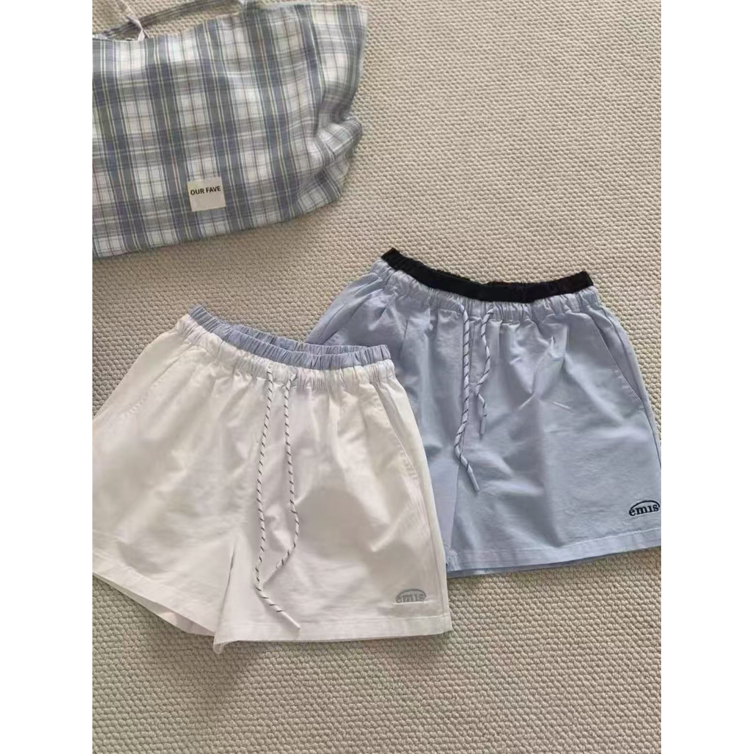 夏季撞色抽绳字母刺绣短裤松紧腰休闲裤女