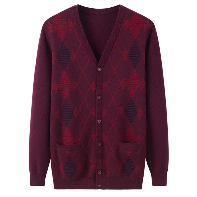 秋冬季新款中老年男针织开衫V领