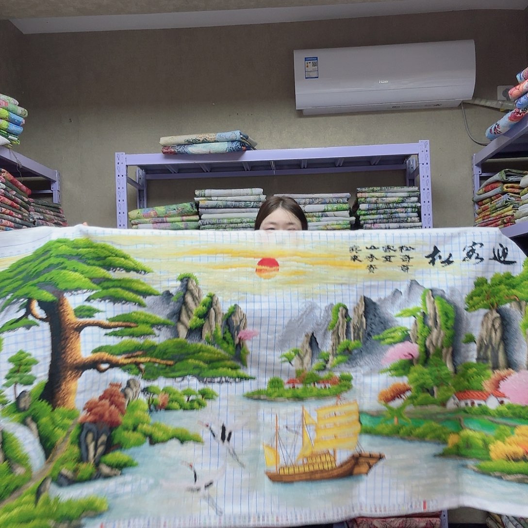 棉十字绣迎客松图