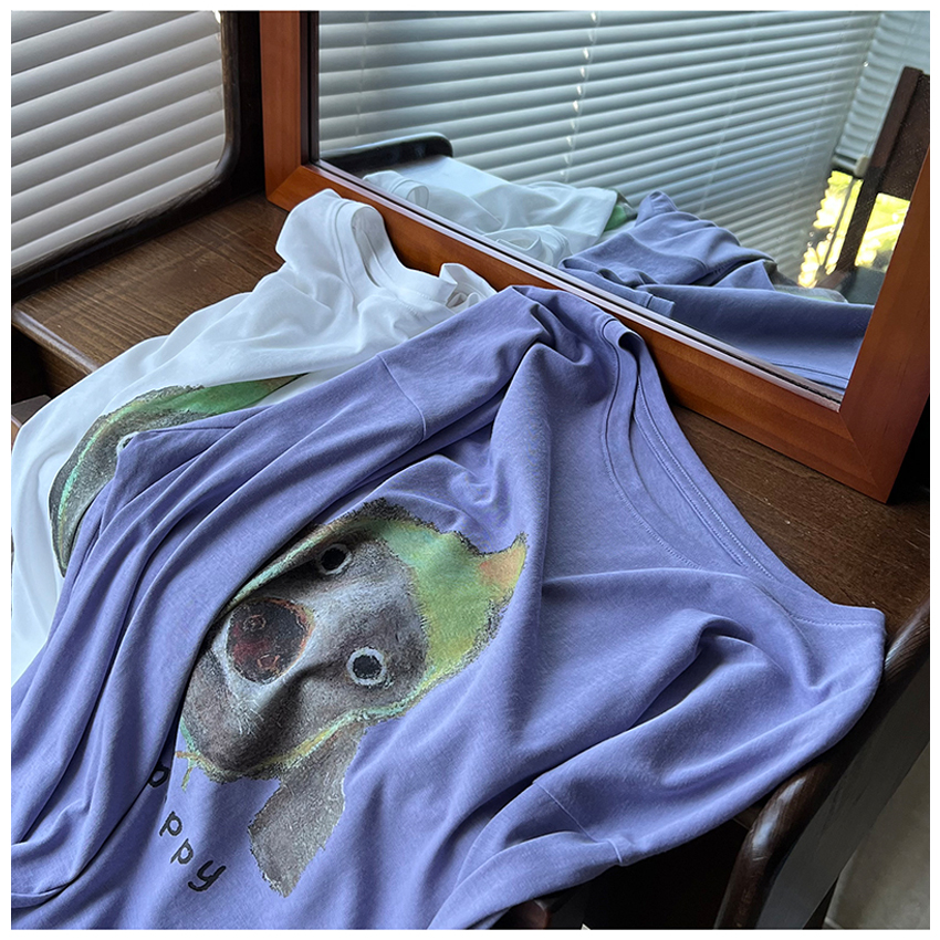 韩系慵懒风狗狗印花圆领宽松中长款T恤女夏季薄款空调罩衫防晒衫