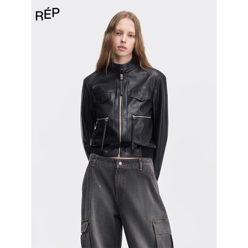 REP-AIM SH设计师品牌黑色皮质飘带机车夹克外套 25FW（NO退可换）