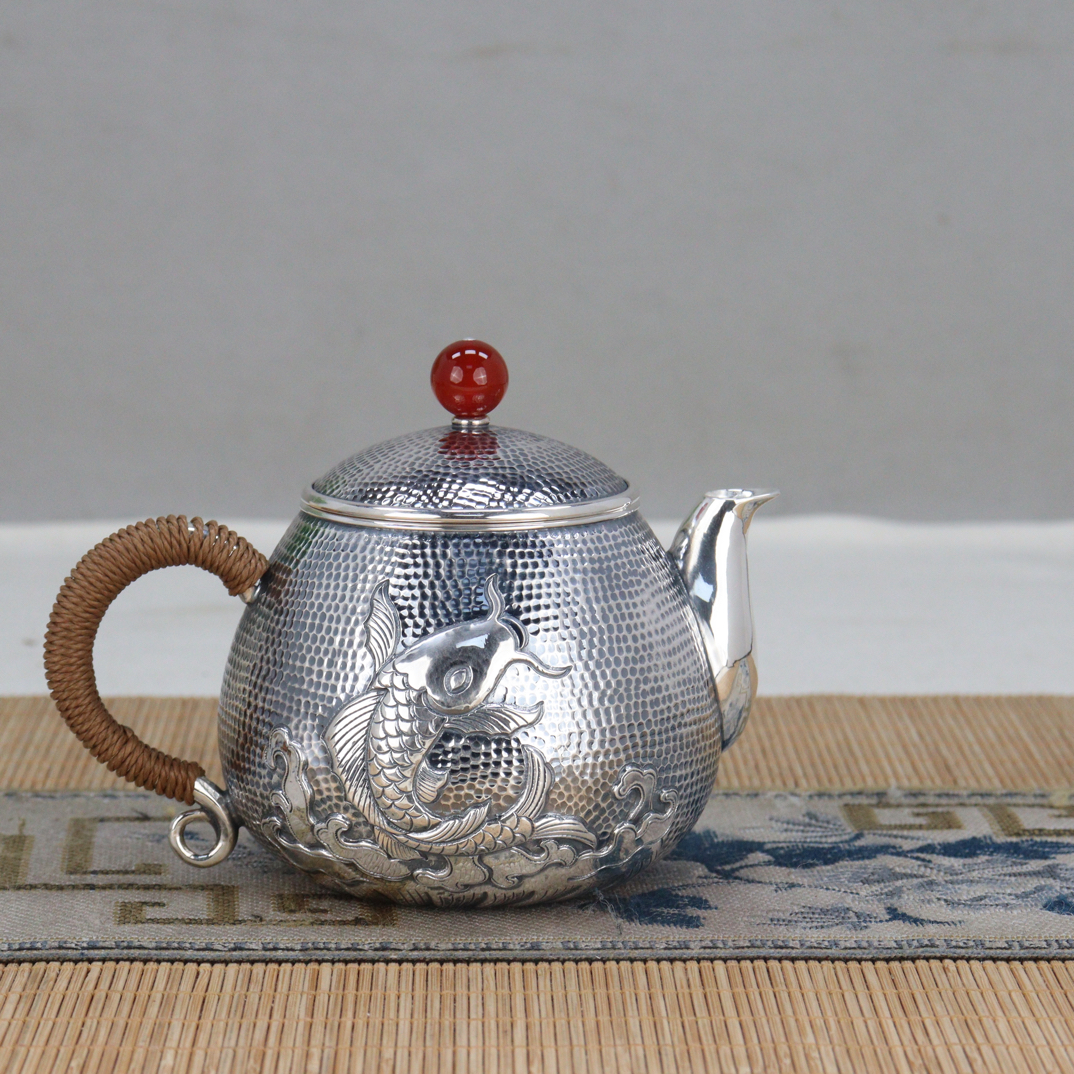 纯银年年有余泡茶壶纯银纯手工浮雕复古家用银壶家用银壶
