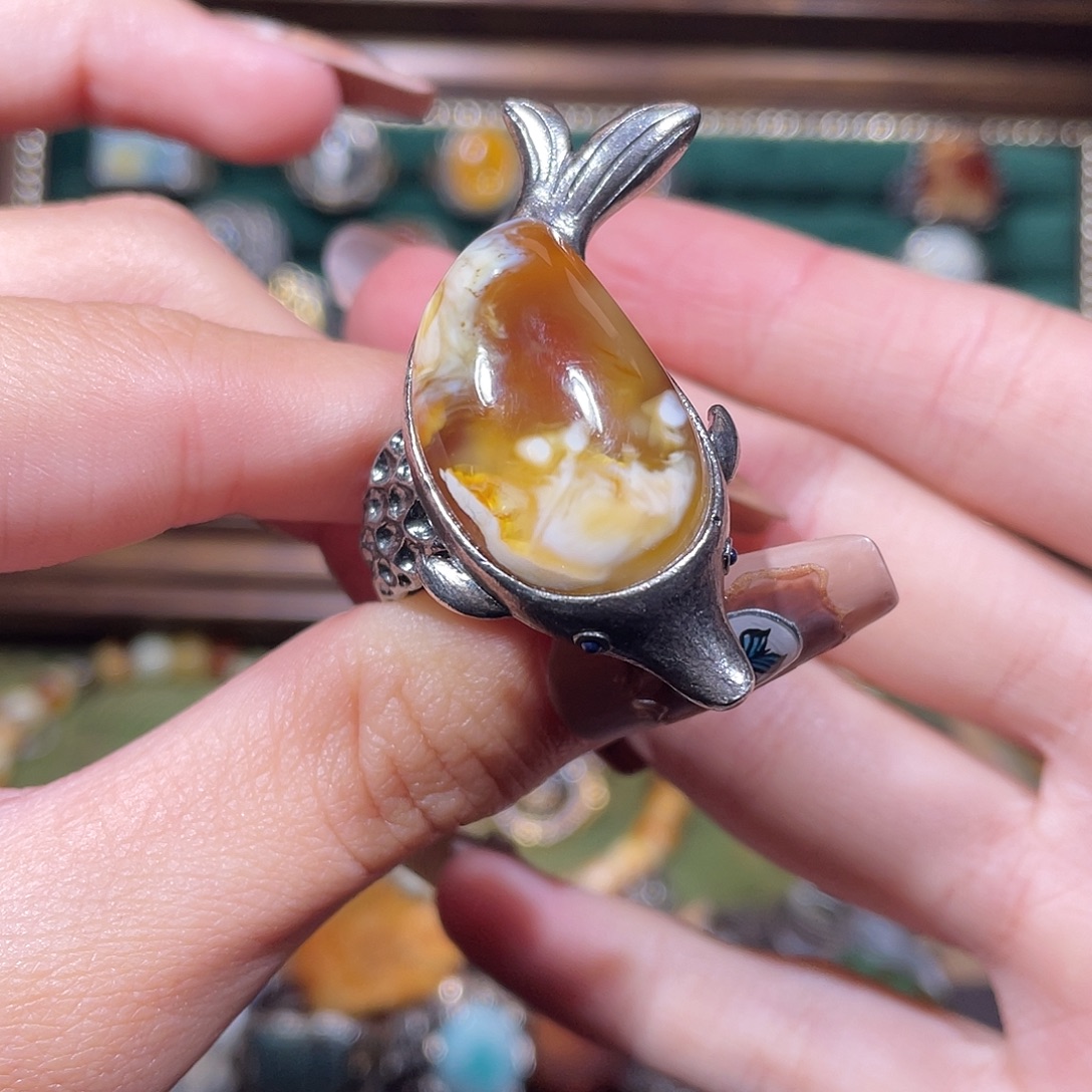 琥珀银S925镶嵌戒指