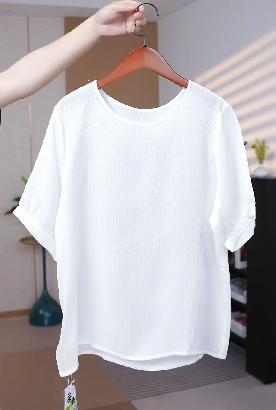 【梅梅真丝】桑蚕丝缎面T恤圆领宽松灯笼袖小衫垂感弹力双乔百搭
