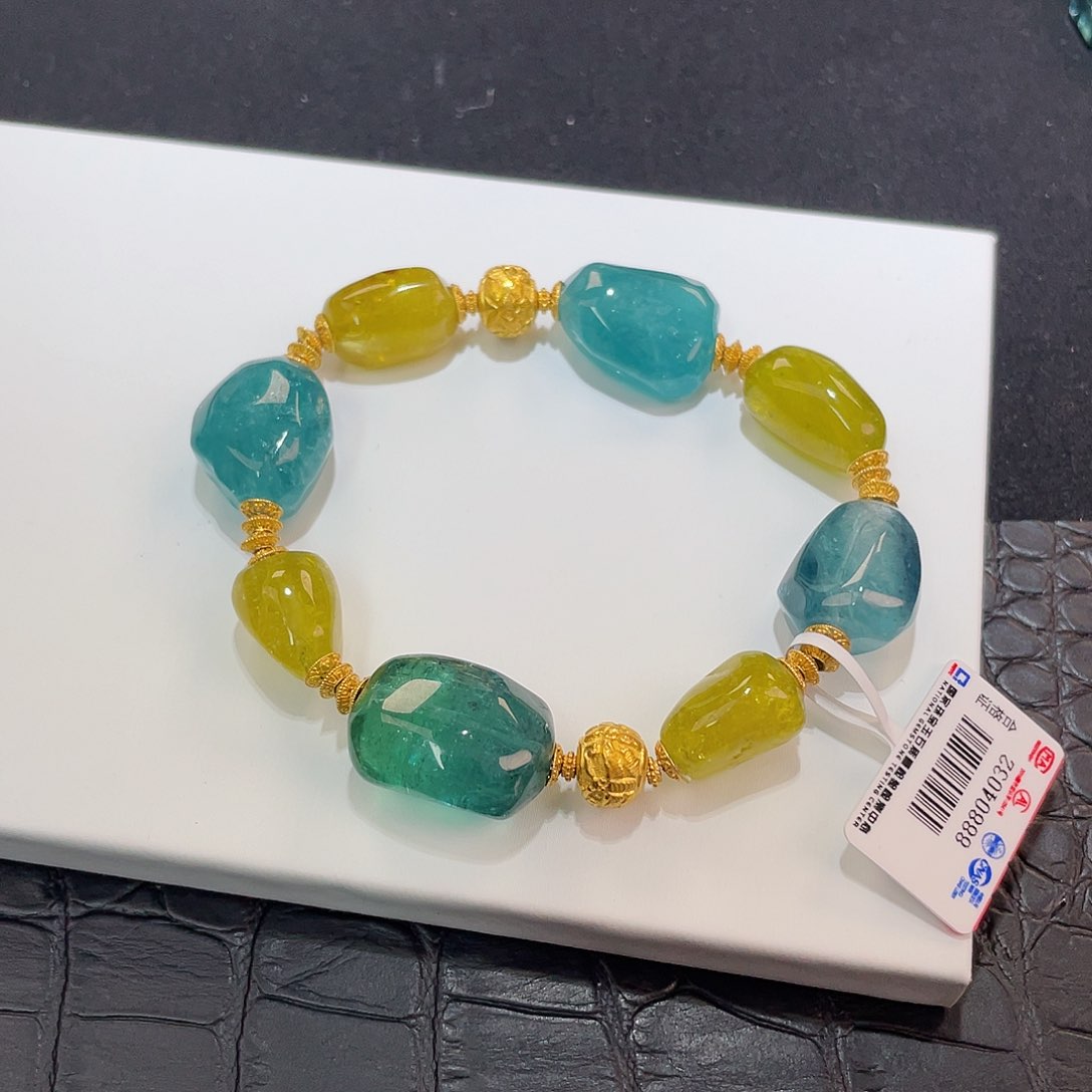 碧玺手链18K金镶嵌 原石 金丝雀 帕蓝色