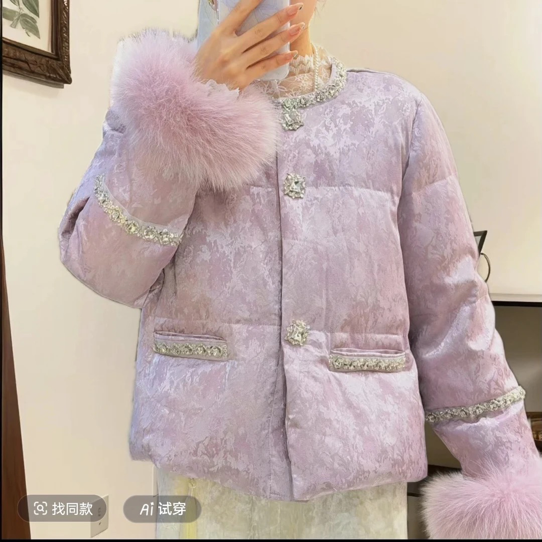 新中式轻奢风亮钻扣加厚保暖女士冬季棉服外套