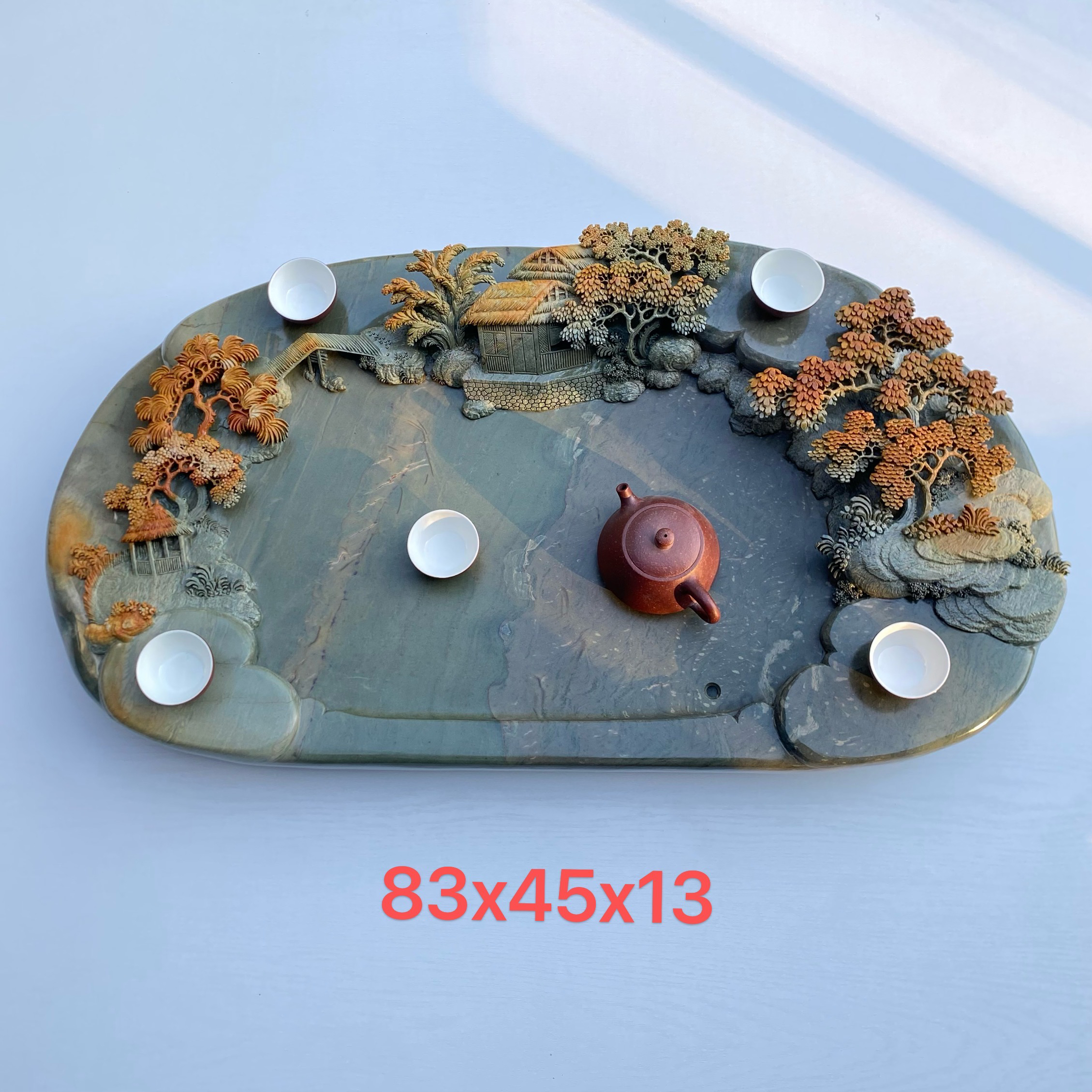 端砚石绿端手工雕刻山水茶盘