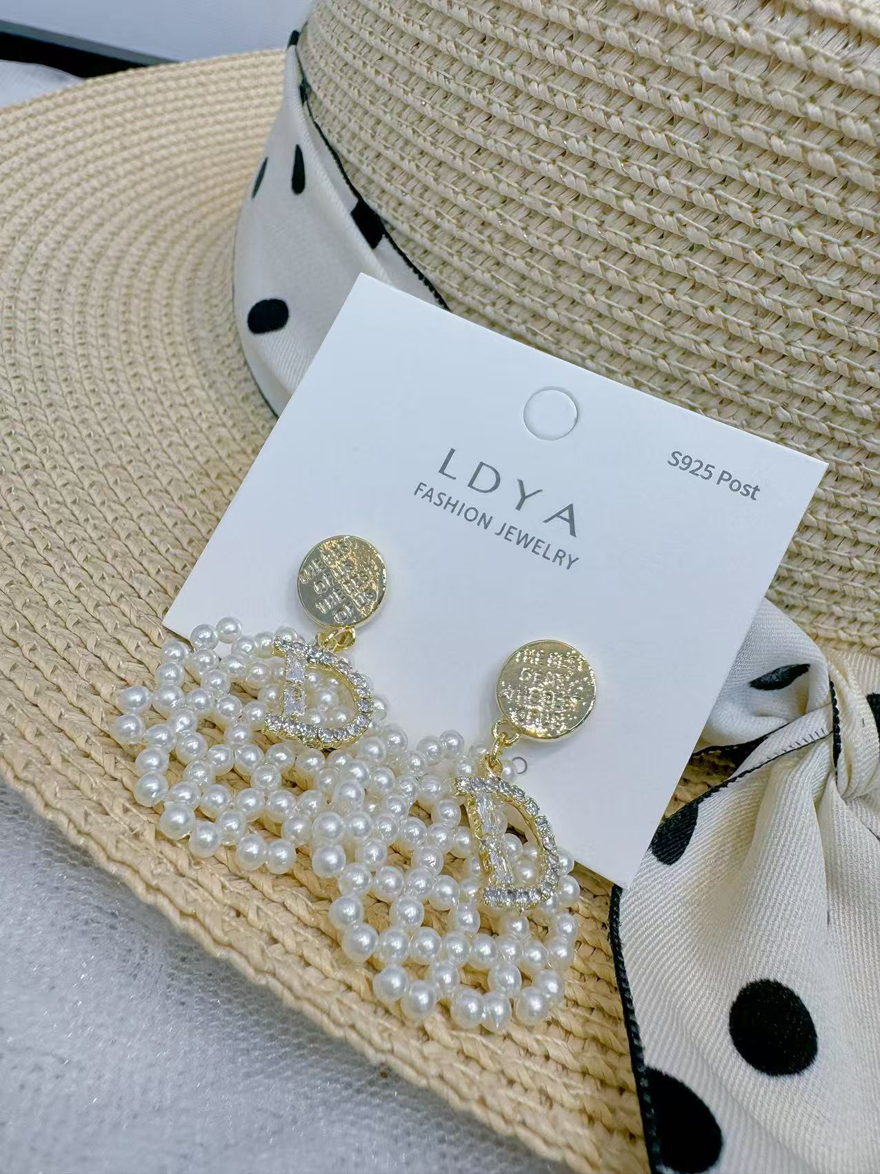 铜合金合成锆石耳饰 双层满鉆D仿珍珠重工小众耳环