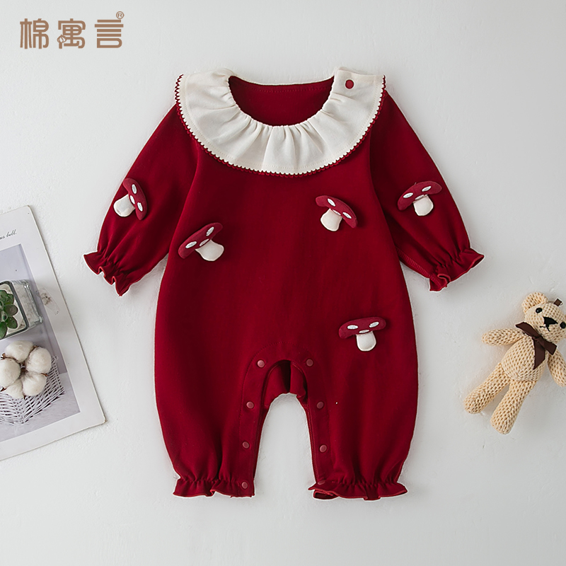 婴儿公主风连体衣春秋季纯棉长袖哈衣女宝宝红色礼服外出服爬爬服