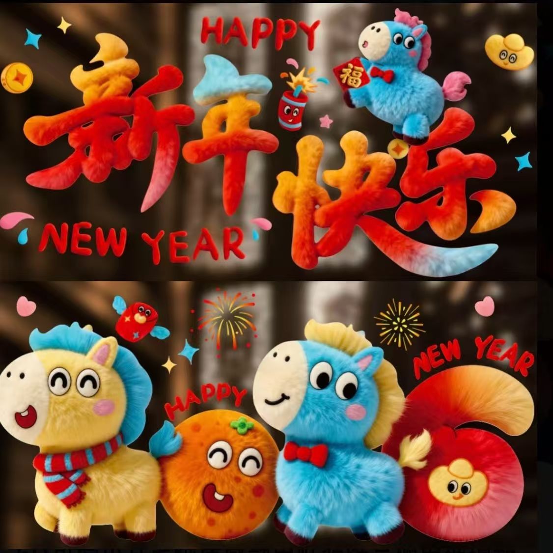 2026新年玻璃贴纸卡通毛绒门窗贴马年氛围新款窗花静电贴过年装饰