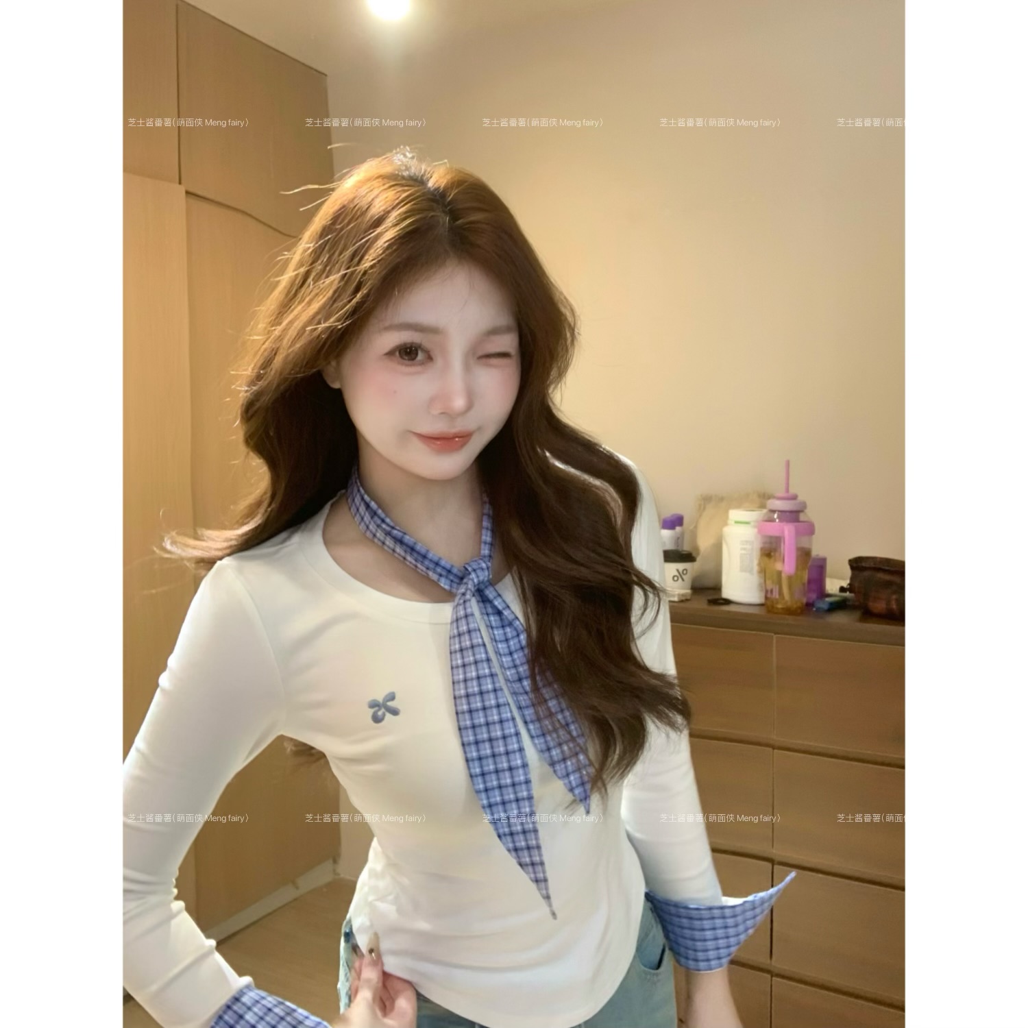 清清萌面侠芝士【极繁美学】出游服装女蓝格碰撞上衣3990流光风