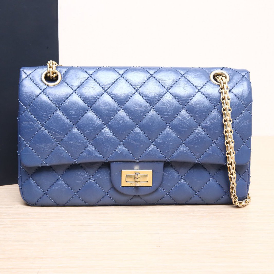 95新 Chanel/香奈儿 小花双双 2.55 口盖包 小号 蓝色 皮革C 23开