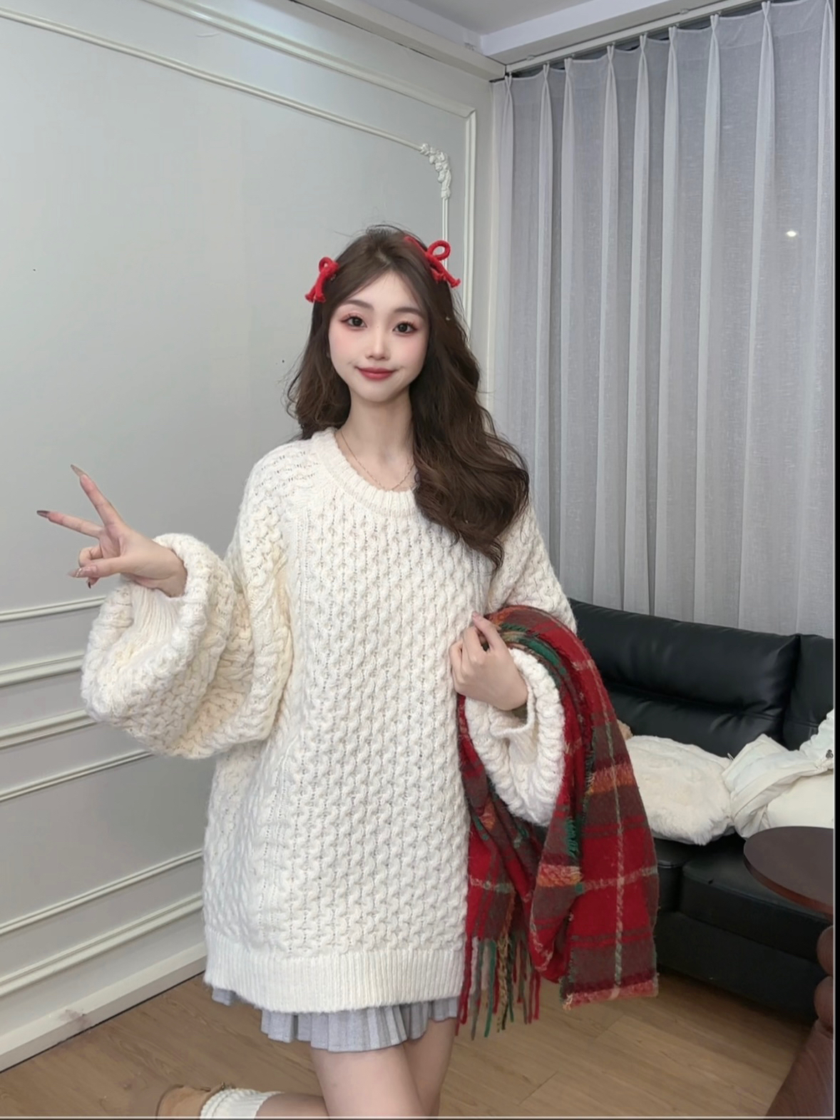 美式辣妹麻花套头圆领长袖毛衣女秋冬新款宽松慵懒感中长款针织衫