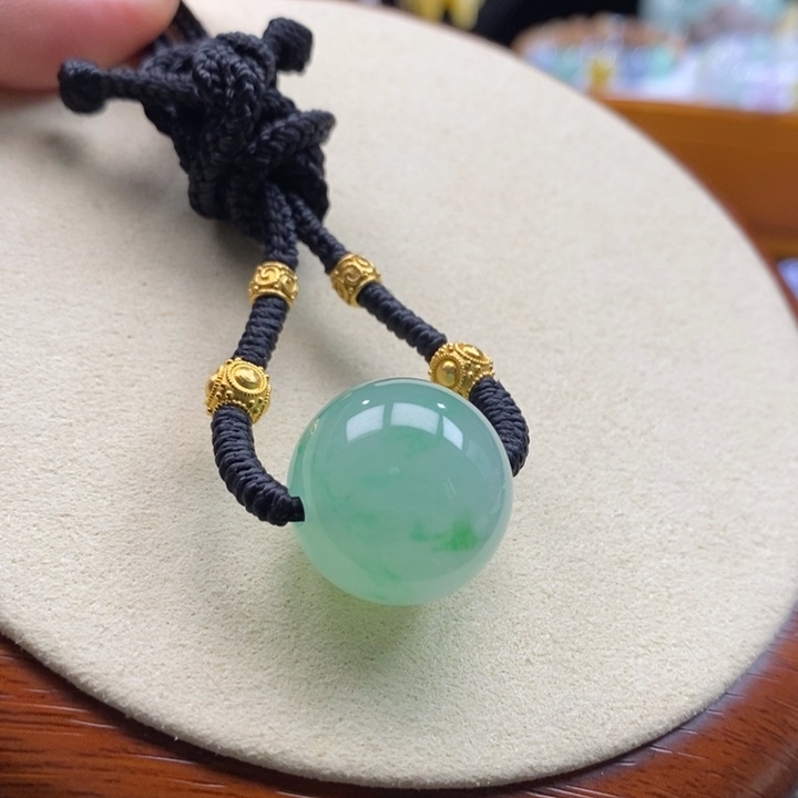 翡翠18K金镶嵌吊坠(不含链)翡翠冰飘绿大珠