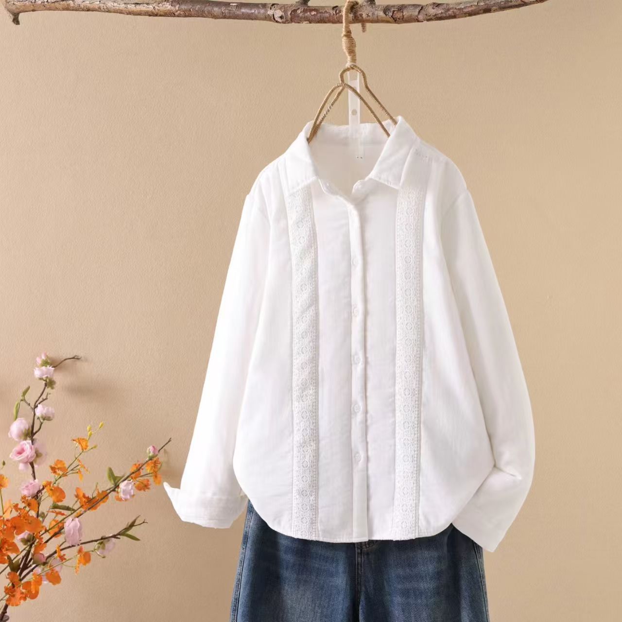 Huangxiaoqi Cowboy双层纱花边保暖加棉衬衫洋气轻薄冬内搭86601