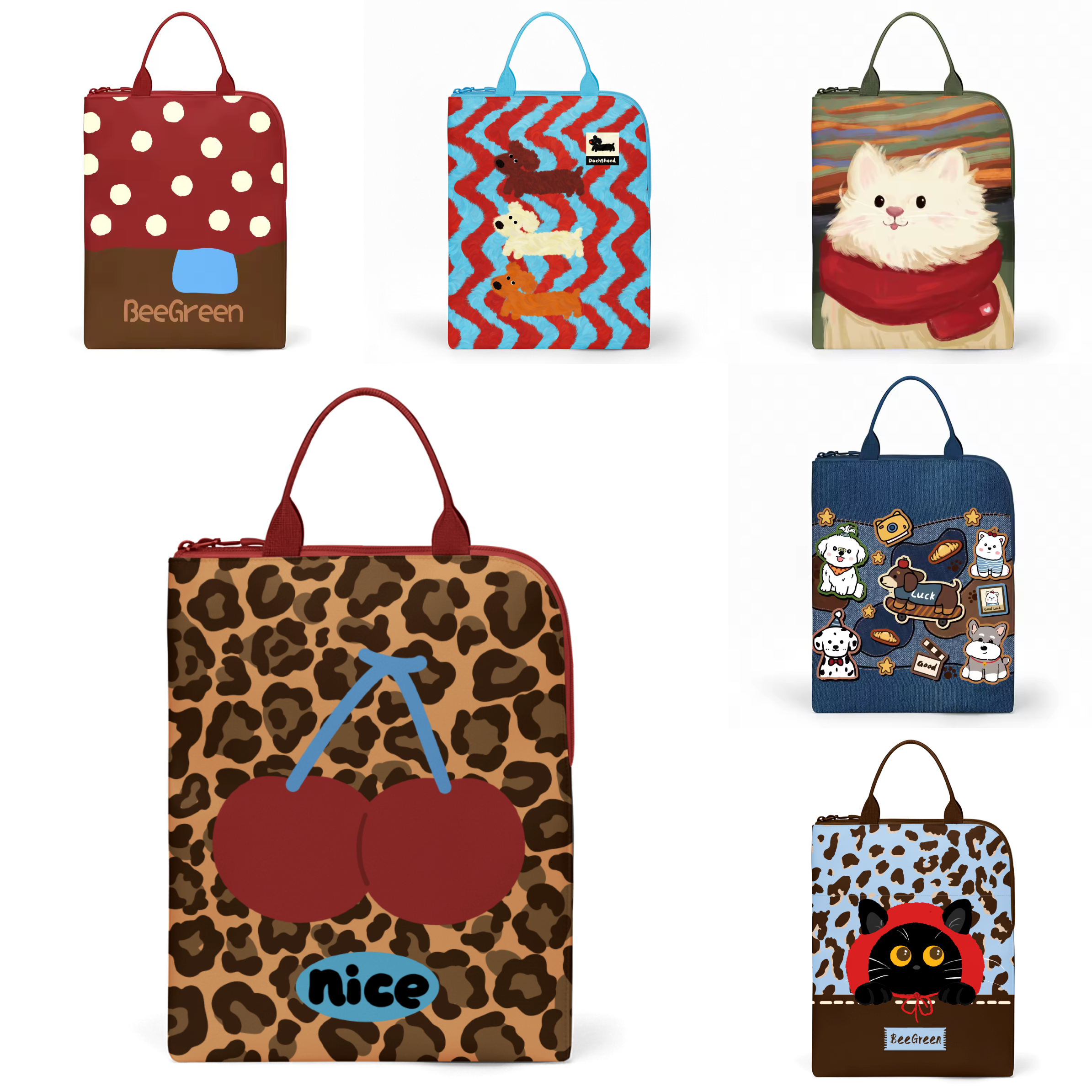 BeeGreen原创插画L型补习袋大容量拉链手提防水文件袋作业收纳袋