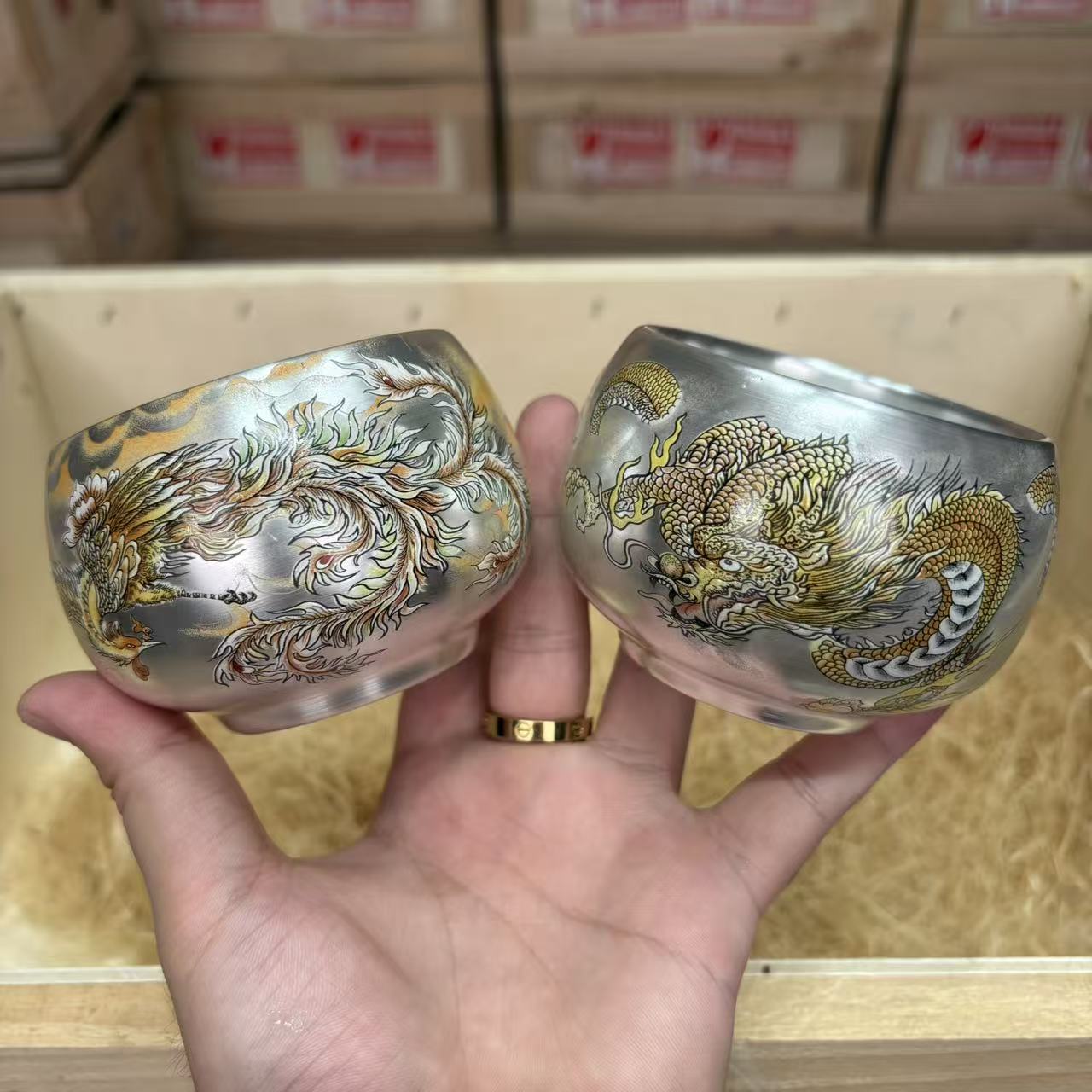 【闪购商品】周鸿杰龙凤呈祥鎏银禅定杯对杯 mc159