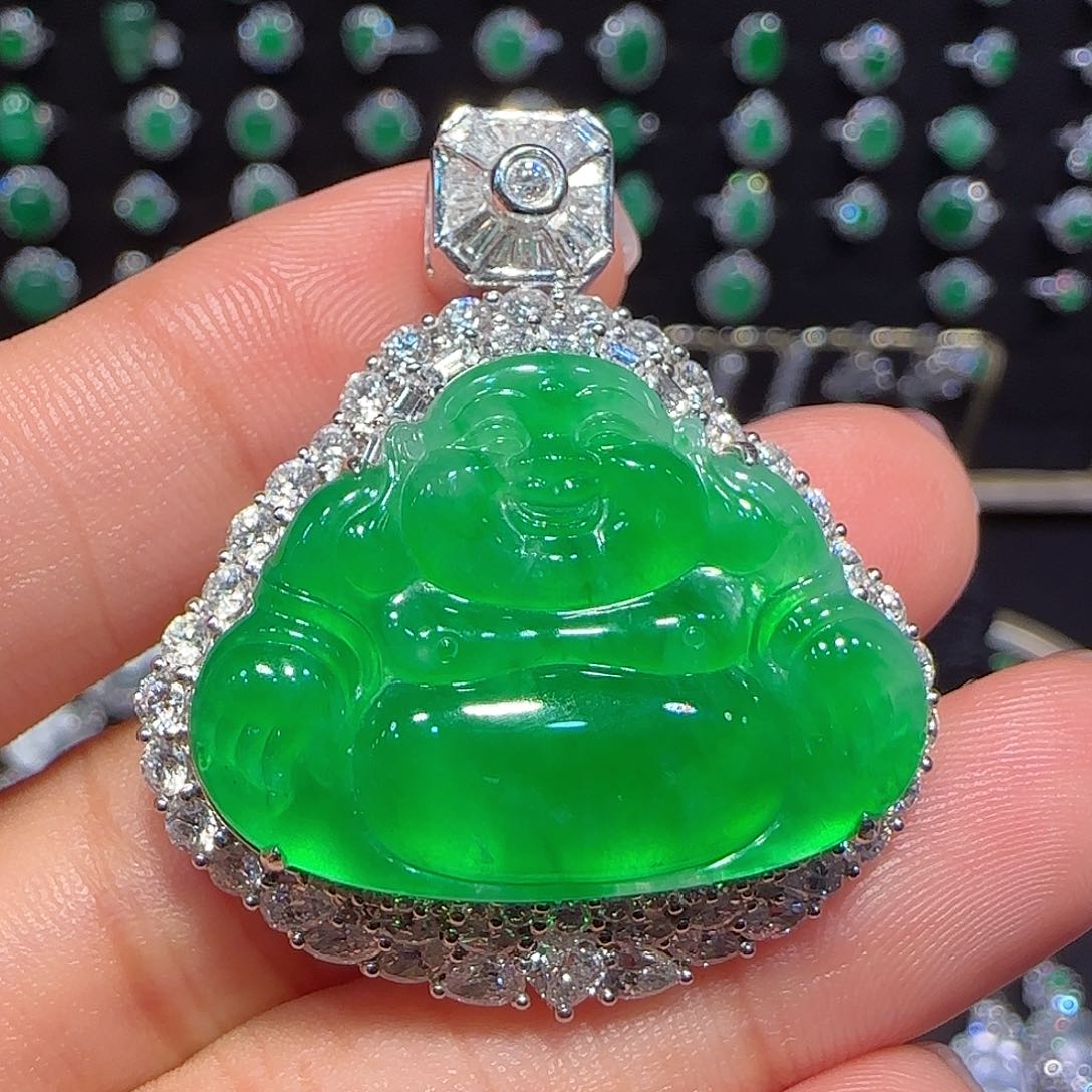 翡翠吊坠(不含链)18K金镶嵌佛公