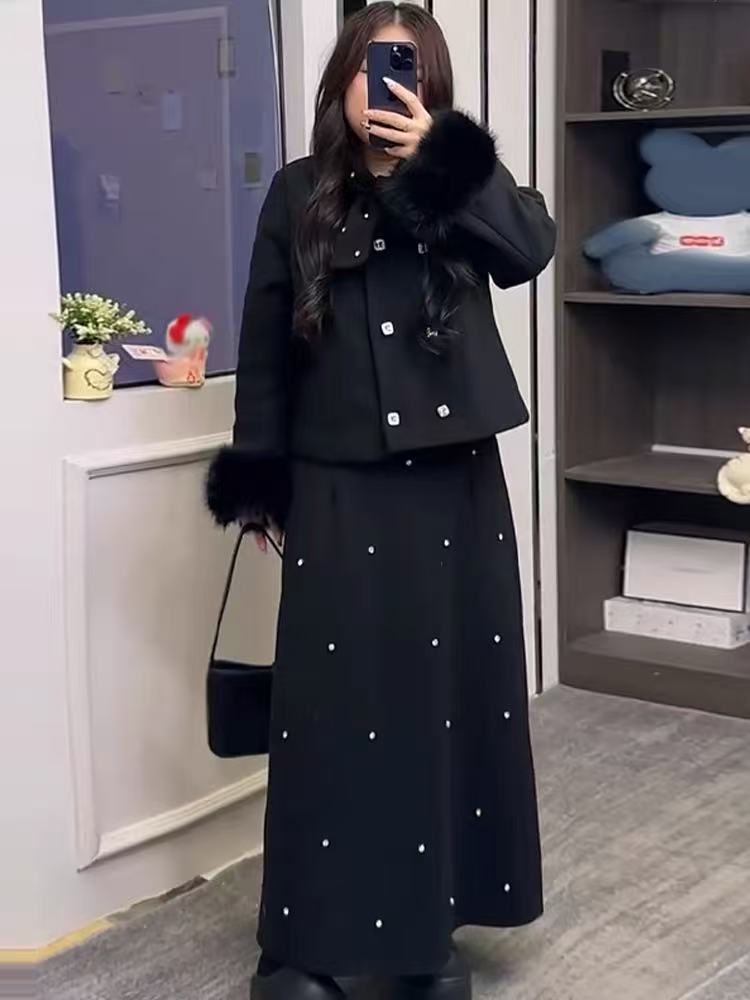 轻松推荐韩版冬季小香风名媛蝴蝶结奢华毛毛长袖毛呢时尚两件套装