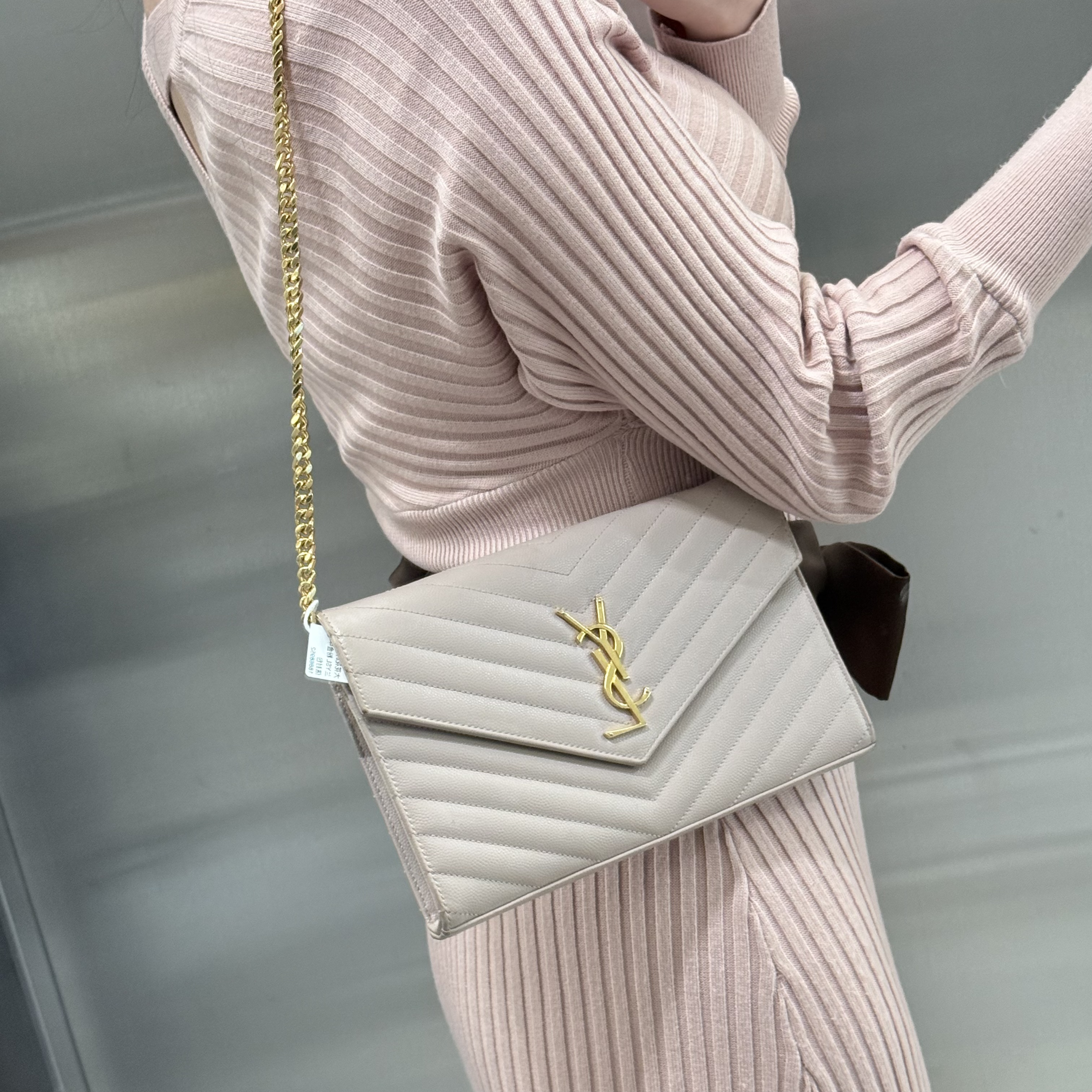 95新 YSL/圣罗兰 ysl肉粉色金标信封链条包