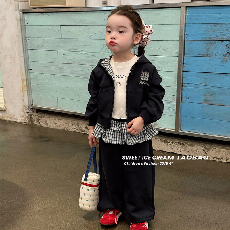 韩版女童卫衣套装2025春秋装新款洋气女宝格子花边休闲裤两件套潮