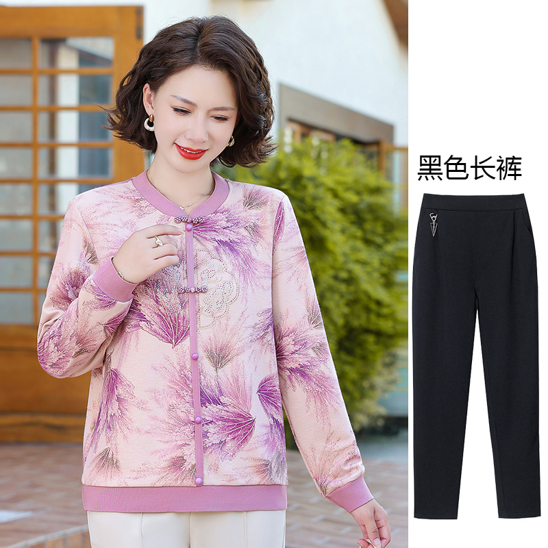中老年女士洋气秋款针织宽松上衣妈妈装弹力衫套头圆领打底衫T恤