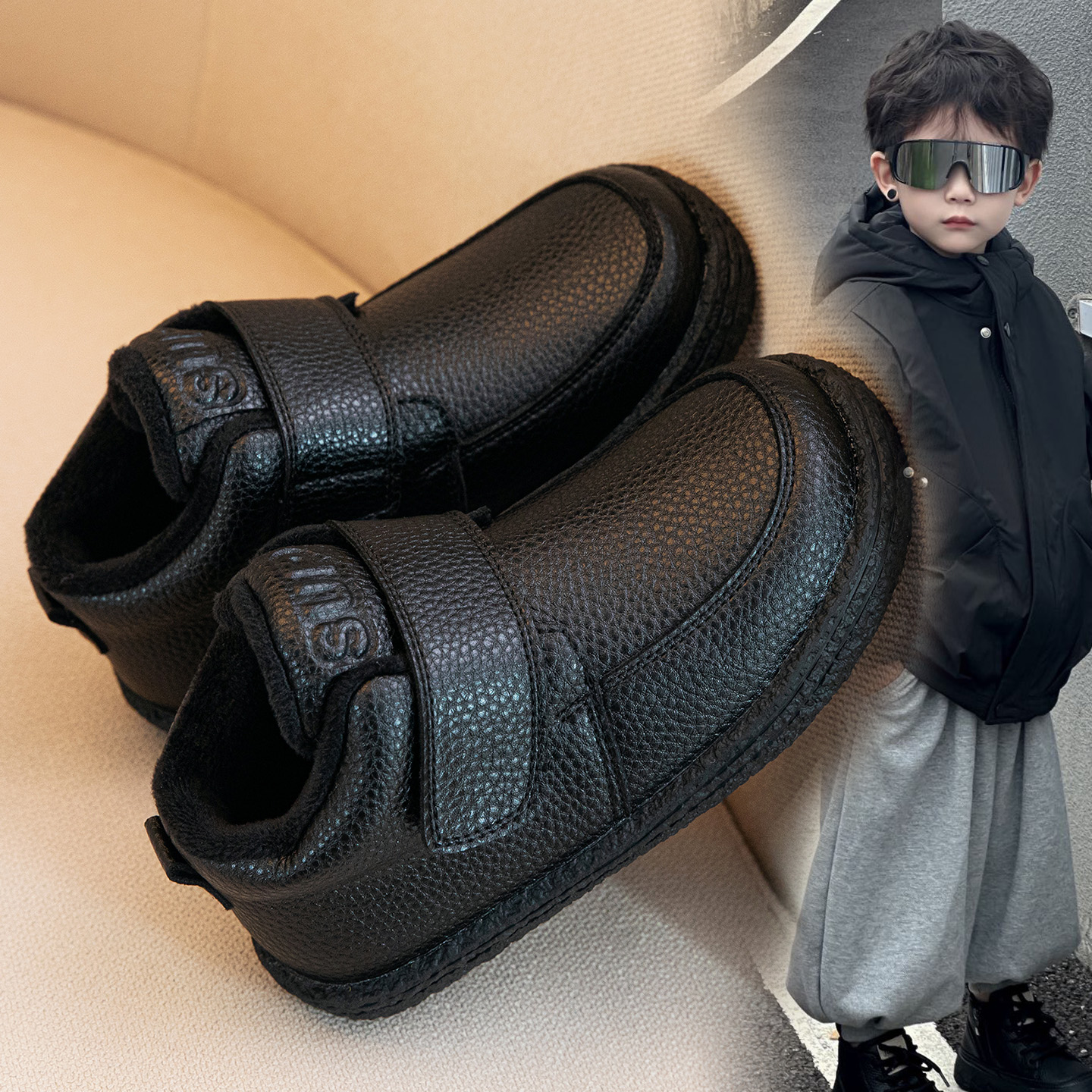 男童真皮棉鞋2025冬季新款儿童加绒保暖雪地靴软底小短靴高帮棉靴