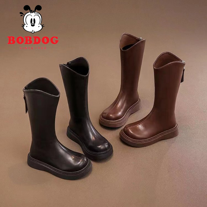 巴布豆女童靴子儿童长筒长靴2025新款秋冬季女加绒马丁皮靴黑色