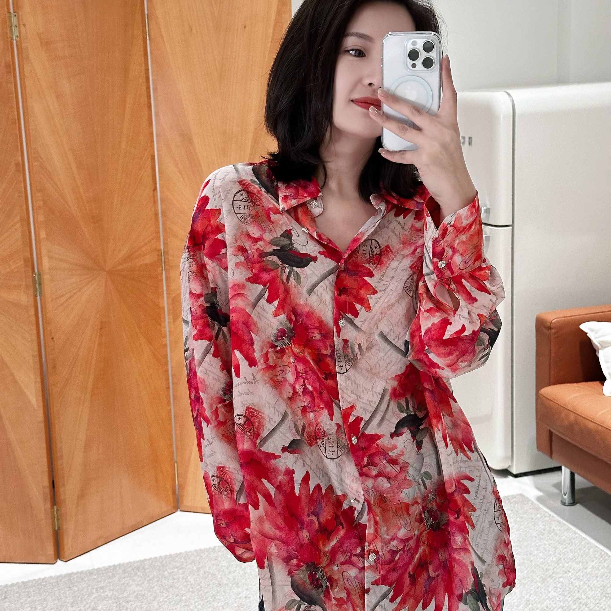 显白花色真丝衬衫 0007
