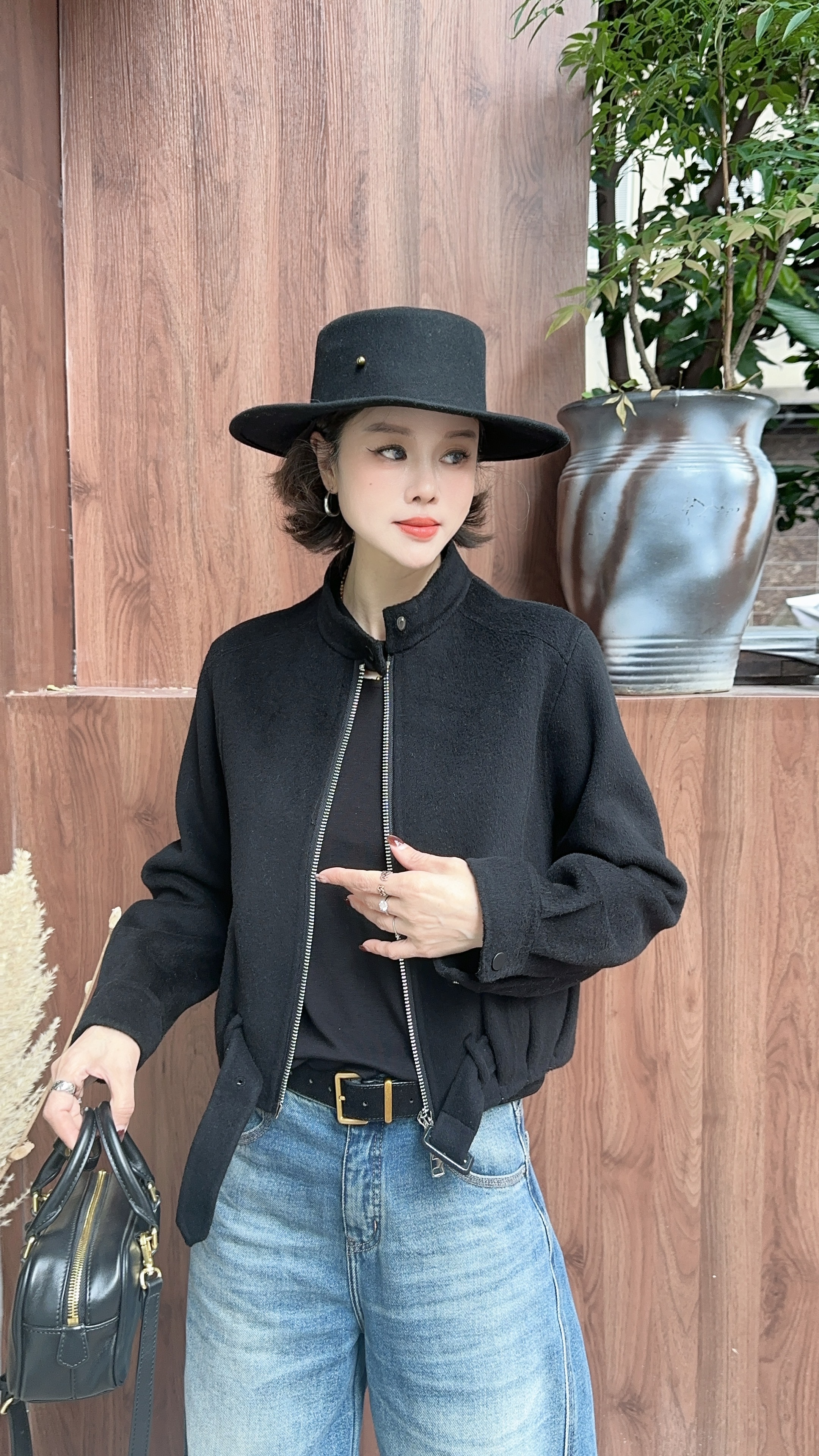 YUANJIE欧洲站新款时尚拉链宽松休闲双面羊绒夹克外套女潮